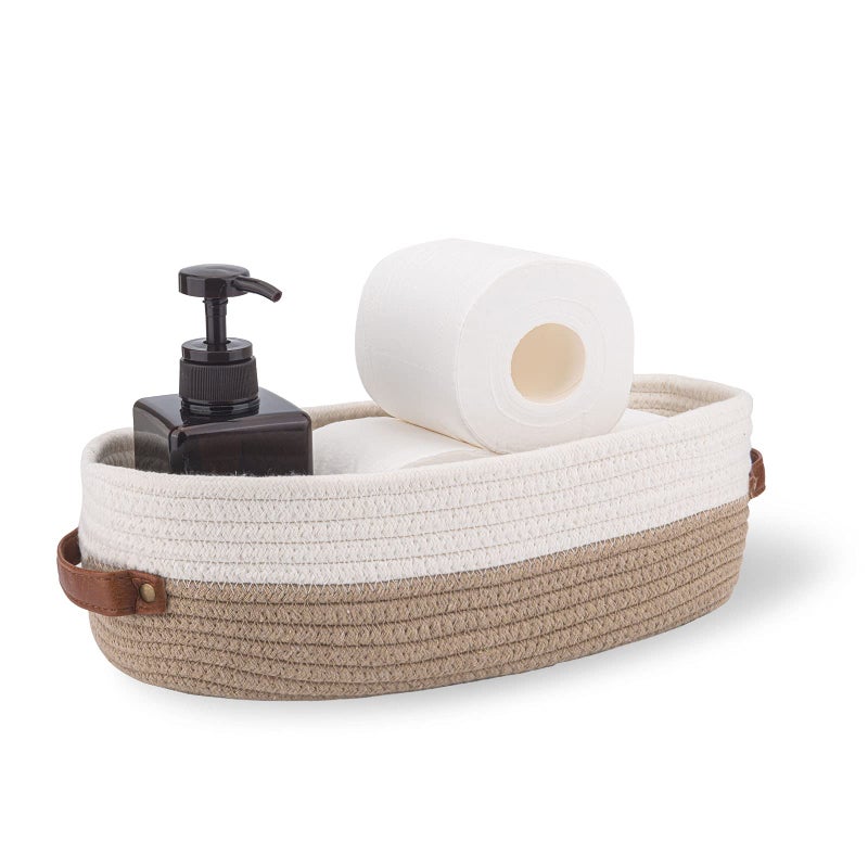 Oradrem Cotton Rope Bathroom Decor Basket Toilet Paper Holder Basket Farmhouse Home Decor Organizing Baskets 13""x5.9""x4"" Brown Stitching White - Image 1